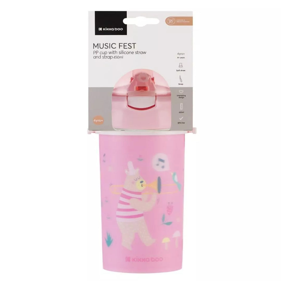 Gertuvė neišsiliejanti su silikoniniu šiaudeli ir dirželiu MUSIC FEST Pink