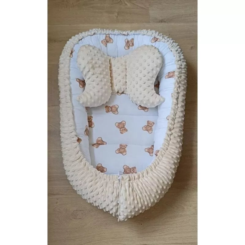 Kokonas-Lizdelis naujagimiui su pagalvyte DUET MINKI TEDDY BEAR Ecru