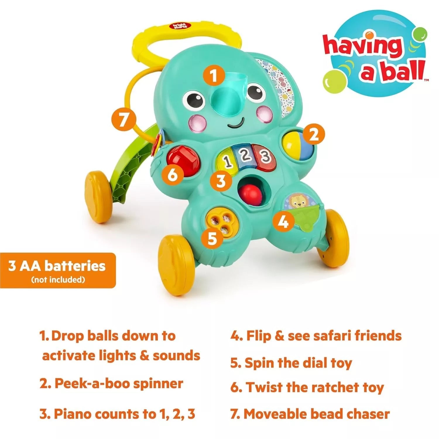 Stumdukas Bright Starts Stroll 'n Roll 2in1 Ball Push Walker ELEPHANT
