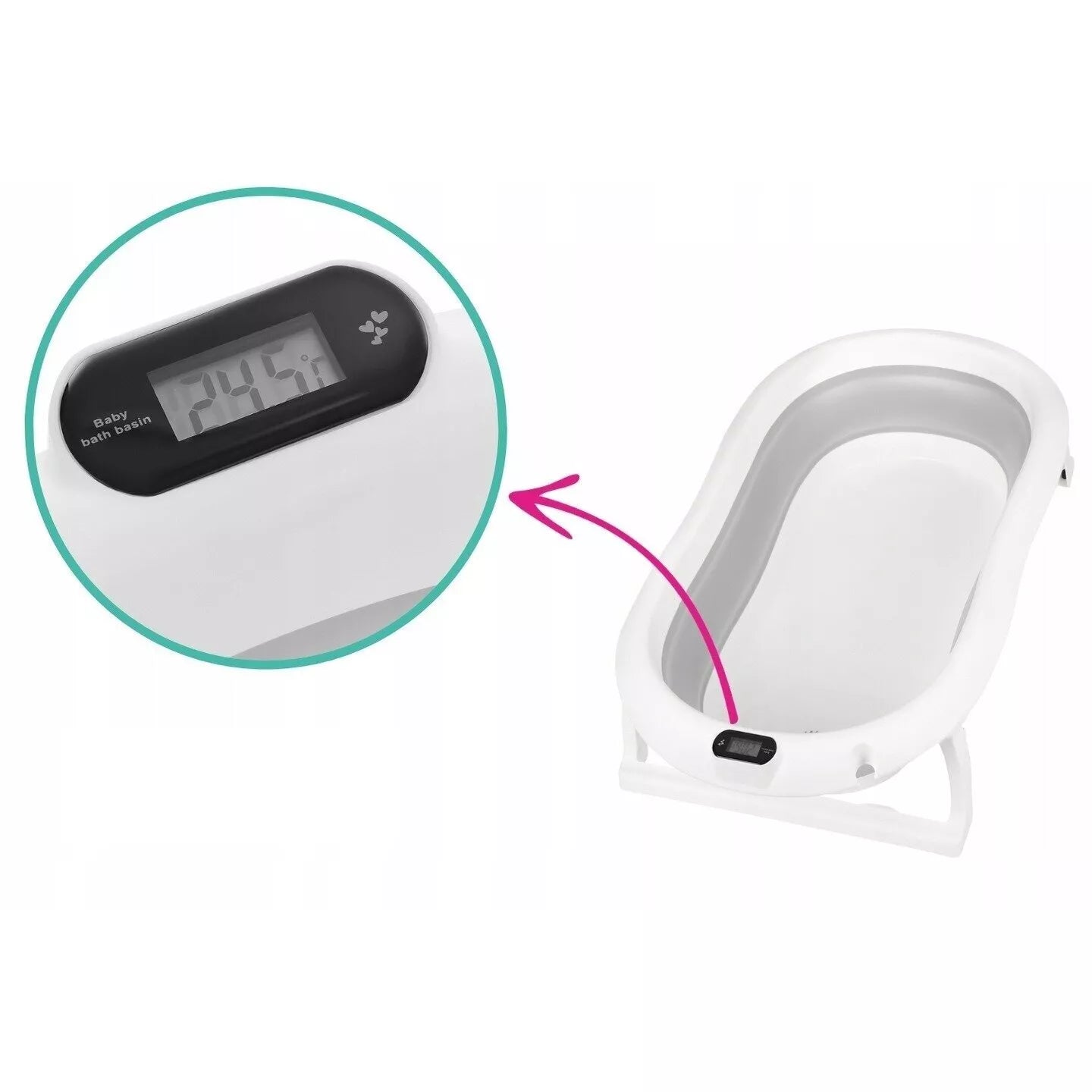 Sulankstoma kūdikio vonelė su termometru ir silikoniniu gultuku BATH&CARE Dark Pink