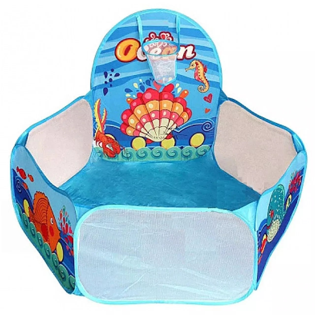 Sulankstomas baseinas kamuoliukams su krepšinio lanku